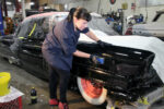 01 Autumn Riggle of Brothers Custom Automotive is seen here color sanding Bill Jagenow’s ’56 Lincoln Premiere