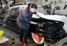 01 Autumn Riggle of Brothers Custom Automotive is seen here color sanding Bill Jagenow’s ’56 Lincoln Premiere