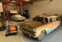 01 Out Project ’55 Chevy wagon resting in the In The Garage Media Tech Center ready for the roof swap