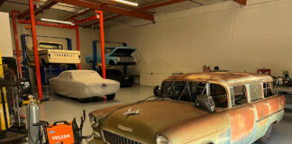 01 Out Project ’55 Chevy wagon resting in the In The Garage Media Tech Center ready for the roof swap