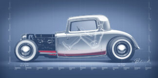 01 This Eric Black rendering of Cody Walls East Coast–style Deuce coupe details the deeply channeled proportions