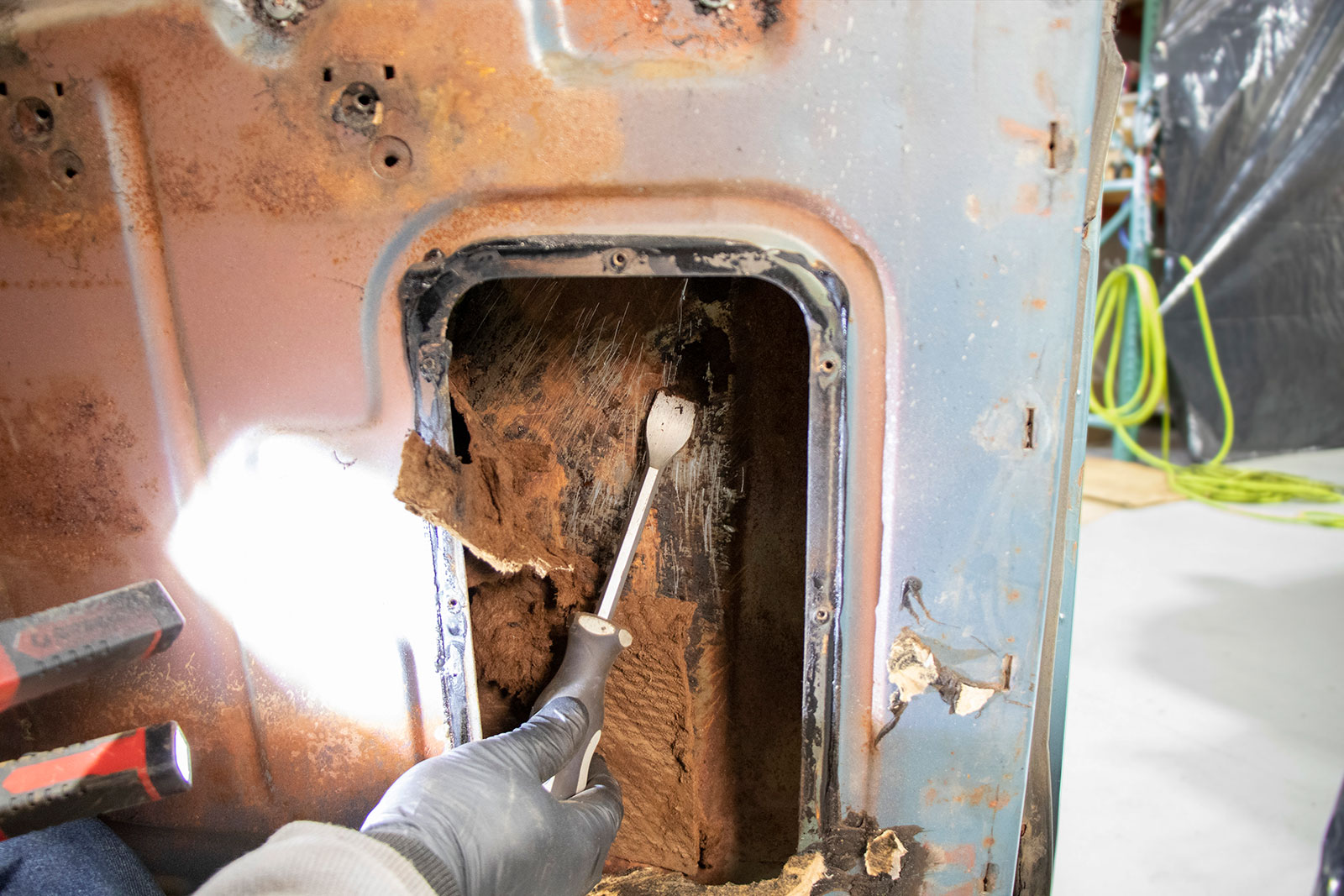 15 The guys found quite a bit of old insulation still stuck to the inside of the door skin so it had to be scraped off