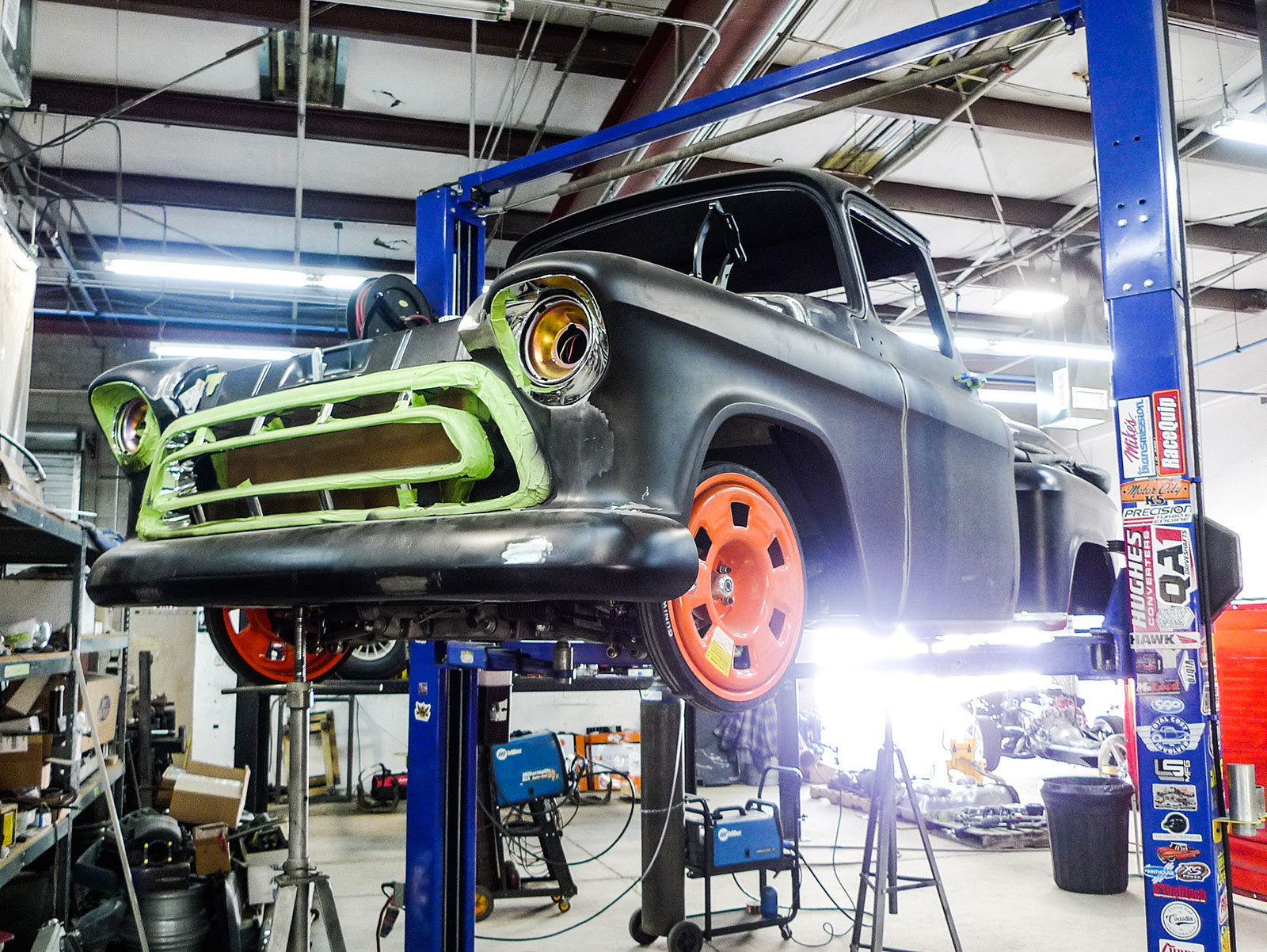 02 57 Chevy build on a lift at Premier Street Rod a company known for its award winning construction service