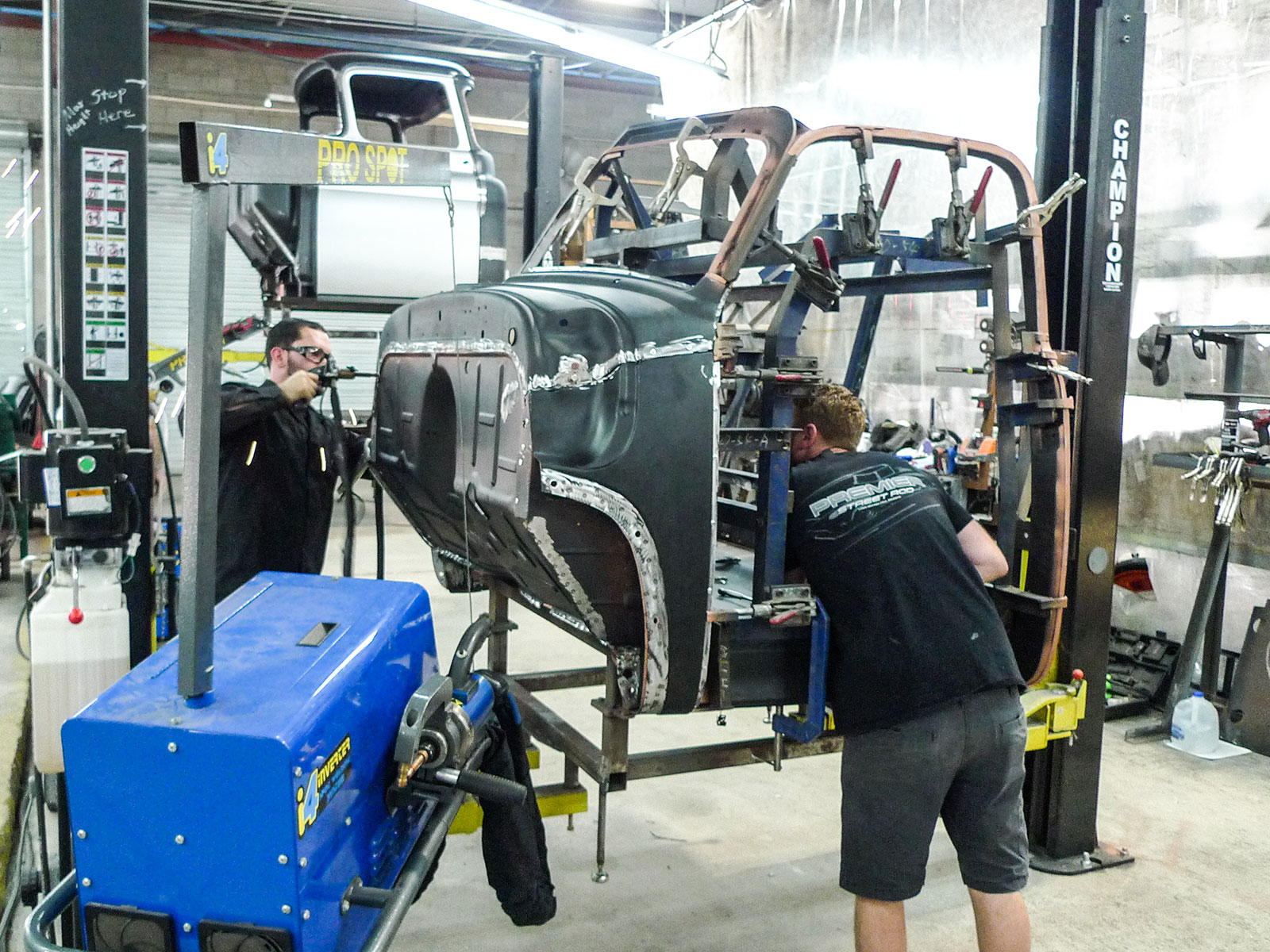 06 a 47 53 Chevy cab being assembled at Premier Street Rod featuring 18 gauge steel panels