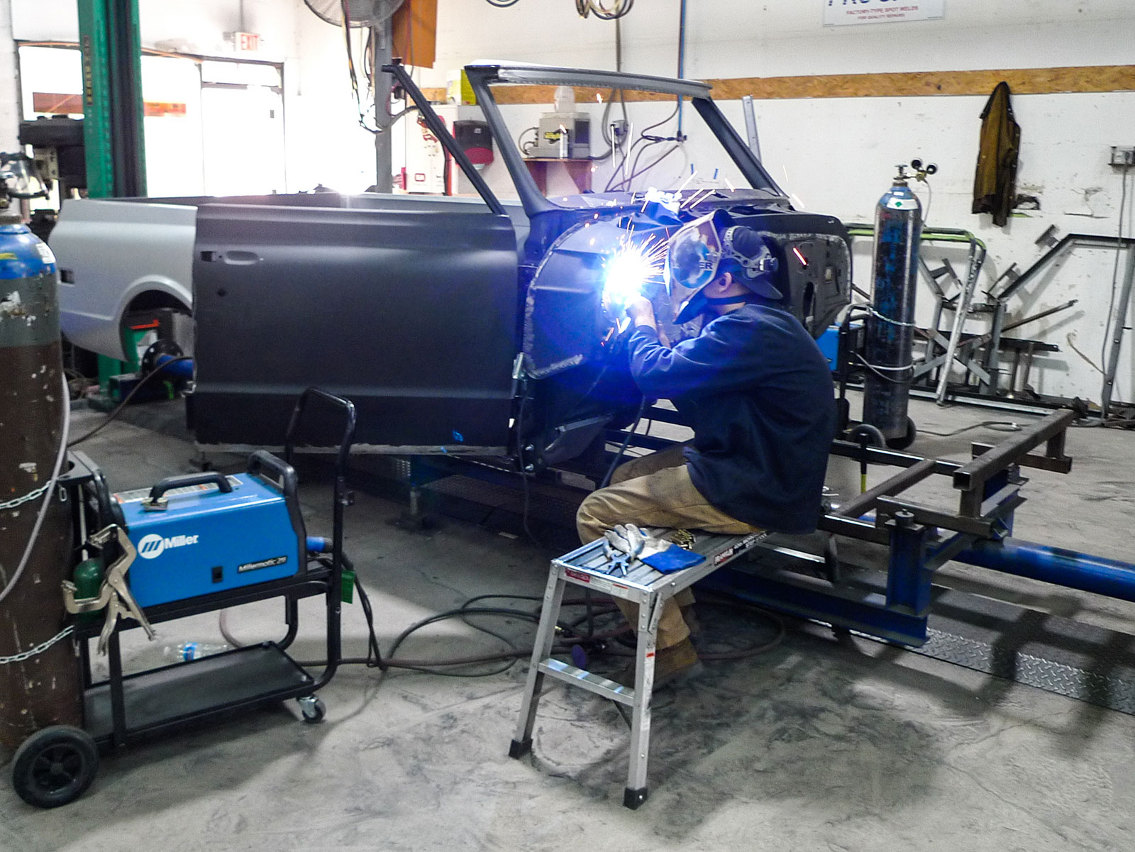 09 a 69 72 Blazer body being constructed on a large fixture at Premier Street Rod a favorite among off road enthusiasts and classic Chevy Blazer restorers