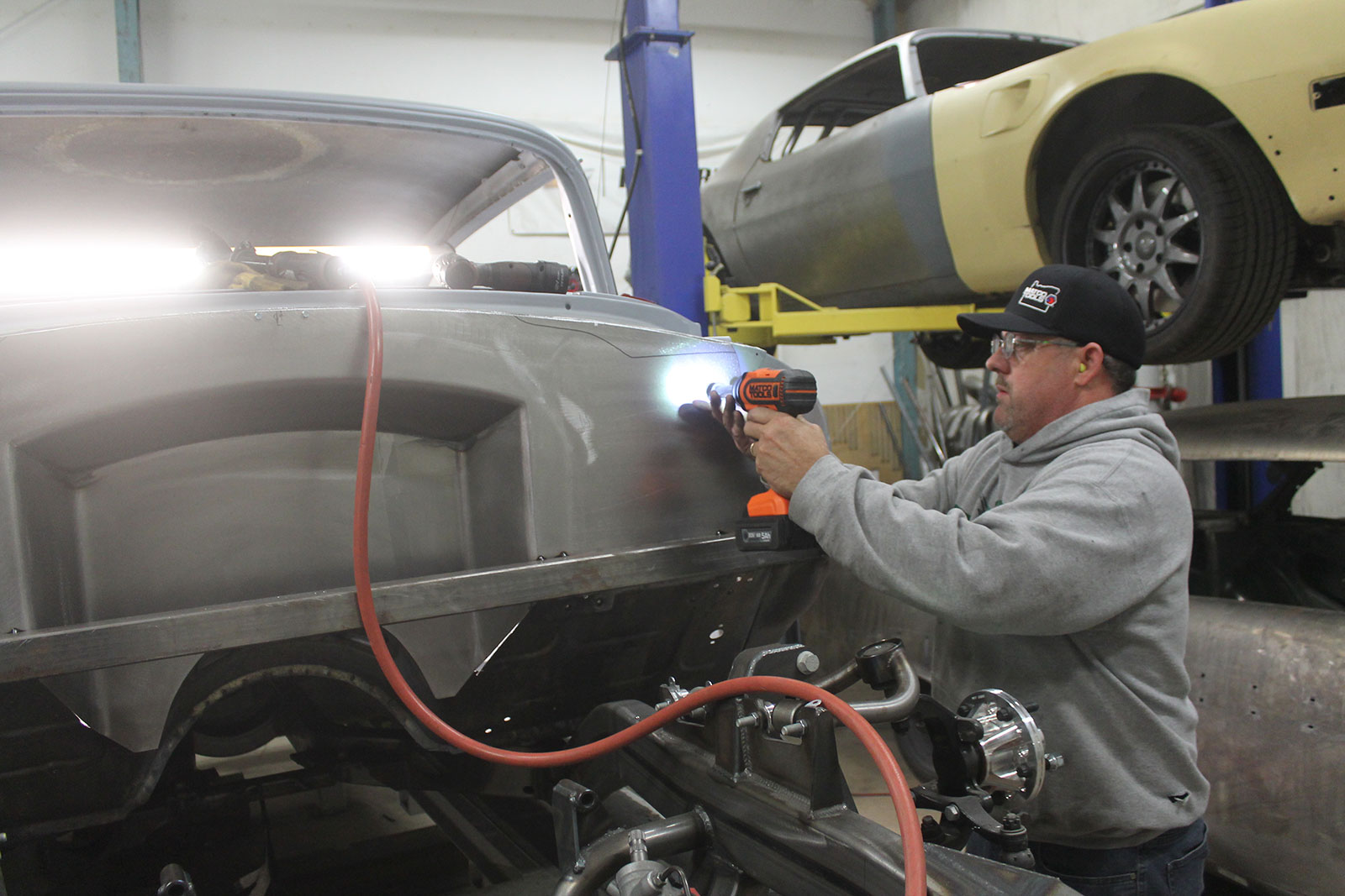 12 Fitting the floor and transmission tunnel to the new firewall with a temporary box tubing