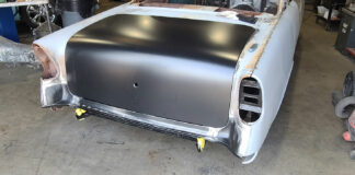 01 Out with the Tri Five Chevy s old sheetmetal and in with the new Golden Star Classic Auto Parts tailpan