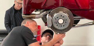 01 Ryan Foss Mike Hamrick and Jason Scudellari installing Wilwood’s Electric Parking Brake on a 1929 Ford roadster