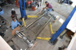 01 checking the wheelbase of the chassis that will be going under a ’52 Chevy pickup