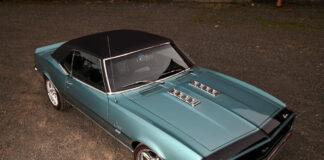 001 Top down view of a teal 1968 Camaro with black top and shiny rims