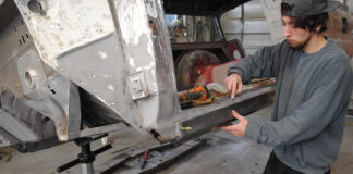 01 Tate Radford fitting a replacement rocker panel on a 57 Ford Ranch Wagon