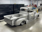 Part 7: Custom Tailgate Fab on the Scott’s Hotrods ’N Customs ’51 Chevy 01 1950 Chevrolet 3100 undergoing restoration in a workshop showing raw metal bodywork