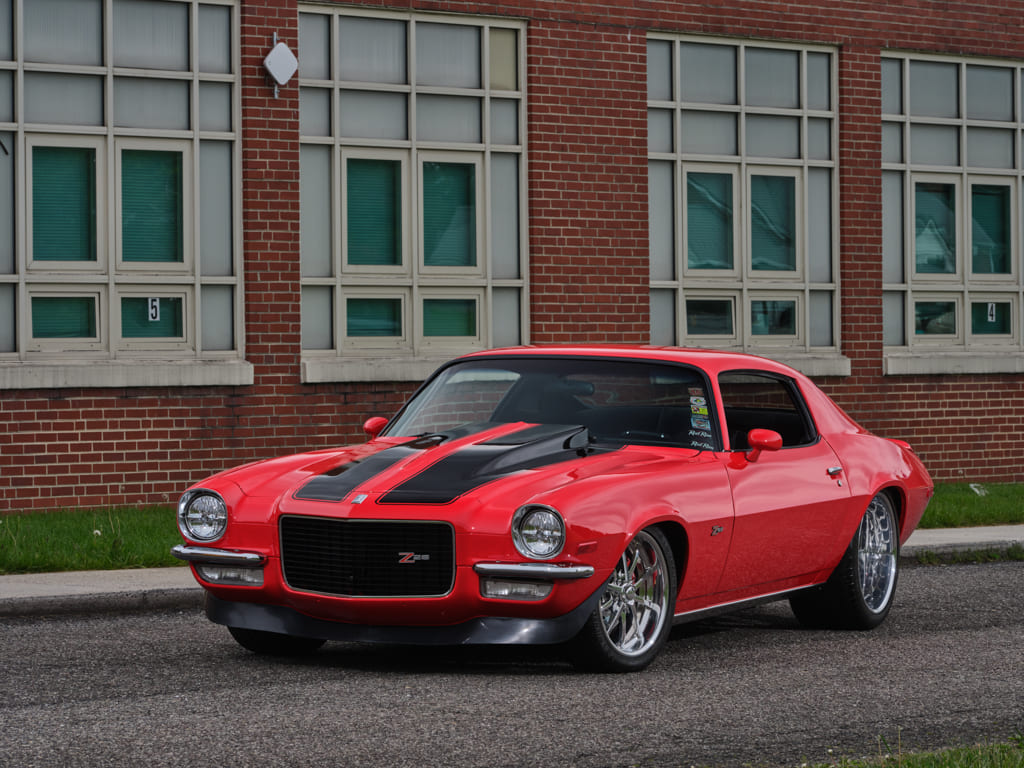 001 Front view of a red 1970 Camaro Z28 with black racing stripes