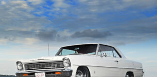 02 Front view of white 1966 Chevrolet Nova featuring black steel wheels