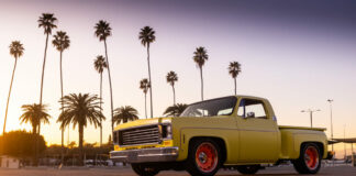 04 Side view of 1974 Chevy Squarebody Stepside at sunset with palm trees