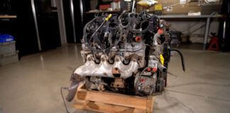 01 LS engine block on wooden stand for rebuild