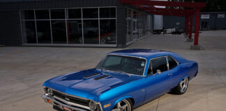 02 Overhead view of a 1971 Chevrolet Nova SS in blue with five spoke wheels parked in an industrial area