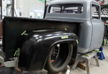 01 A 1953 1956 Ford F 100 undergoing a custom wide body bed modification
