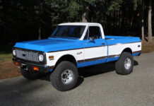 01 Lifted blue and white Chevy K10 with large off road tires and a chrome grille