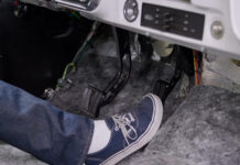 00 Foot pressing on installed Lokar throttle pedal in a Chevy C10 truck interior