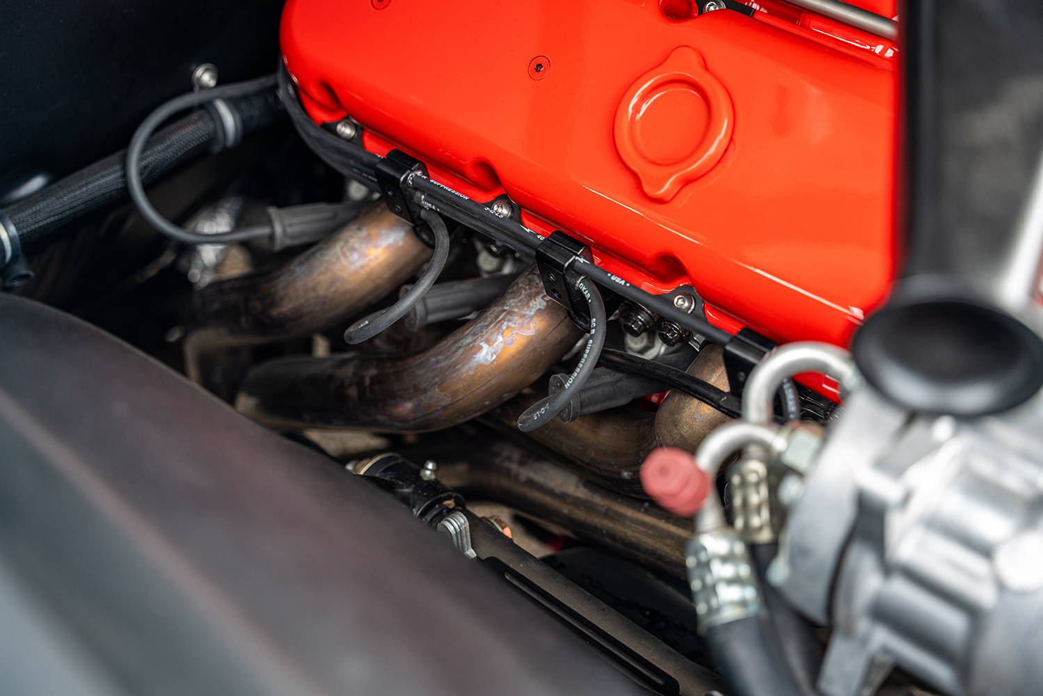 010 Detailed view of the exhaust manifold and wiring on the 1971 Chevelle SS engine