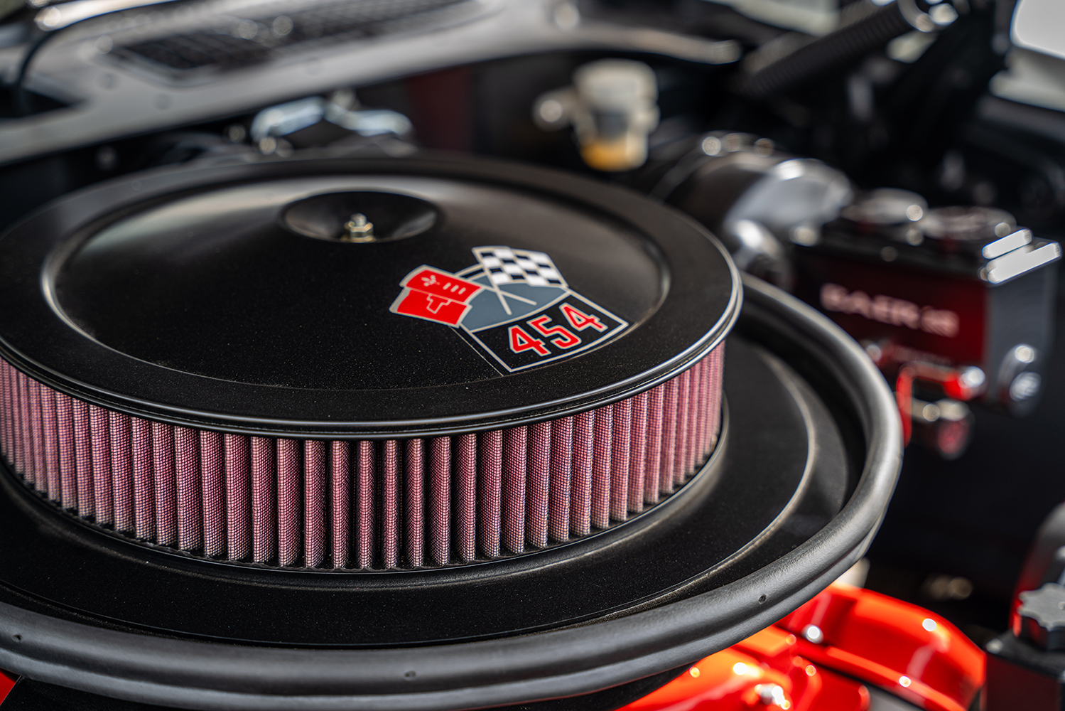 012 Air cleaner marked 454 atop a big block engine in the 1971 Chevelle SS