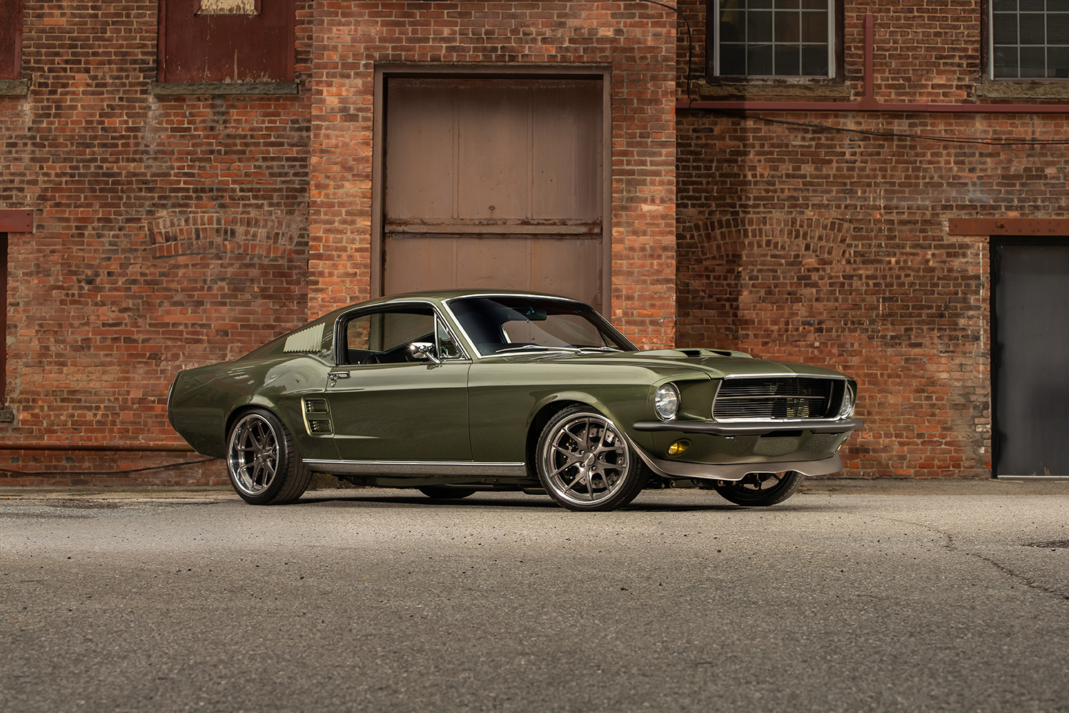 02 1967 Ford Mustang Fastback front view custom grille fog lights aggressive front splitter modernized muscle