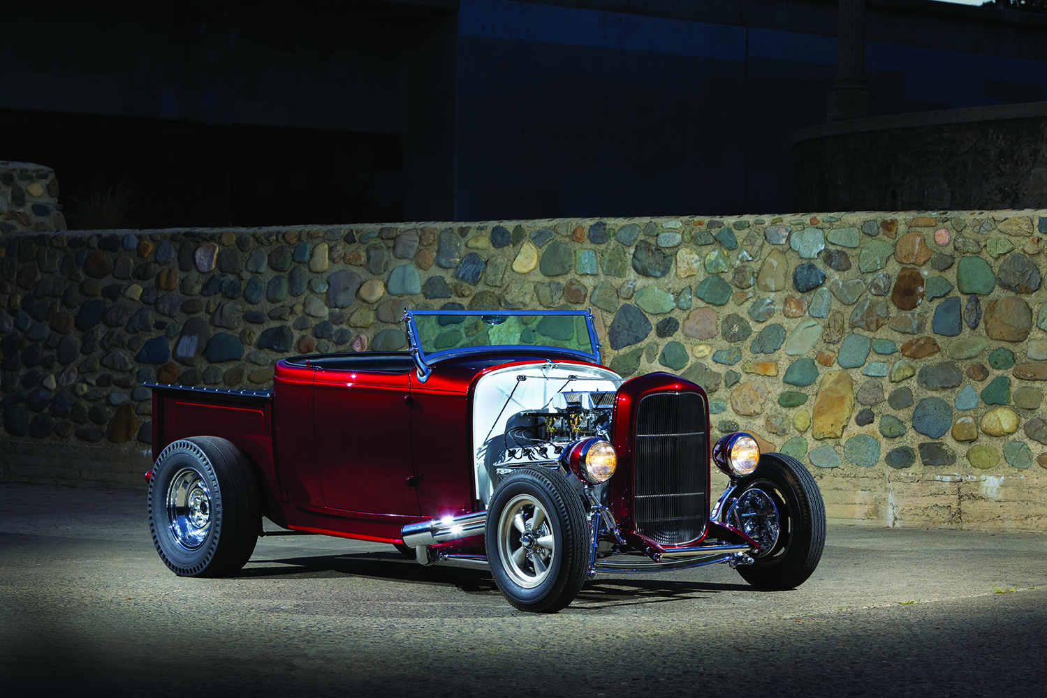02 Front view of a 1932 Ford Roadster pickup featuring a polished grille and exposed engine components