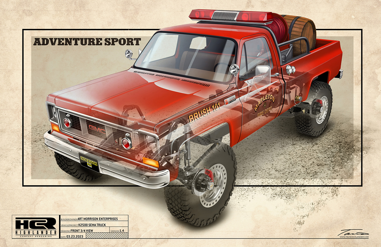 02 Transparent rendering of 1979 GMC K2500 highlighting custom suspension components and rugged build details
