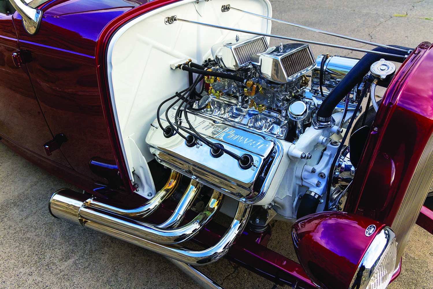 12 1932 Ford Roadster chrome headers and high performance exhaust system in engine bay