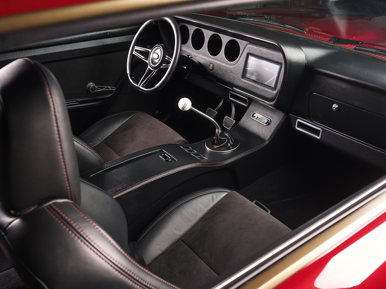 14 1966 Pontiac GTO custom interior leather seats red stitching modernized dash touchscreen display