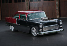 001 1955 Chevy Bel Air custom black and red with supercharged V8 engine and aggressive hot rod stance