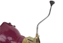 001 1957 Chevy Lokar shifter installed on a classic transmission featuring polished handle and modern functionality