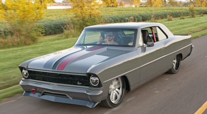 001 1967 Chevy Nova custom gray exterior with black and red racing stripes and modern pro touring styling