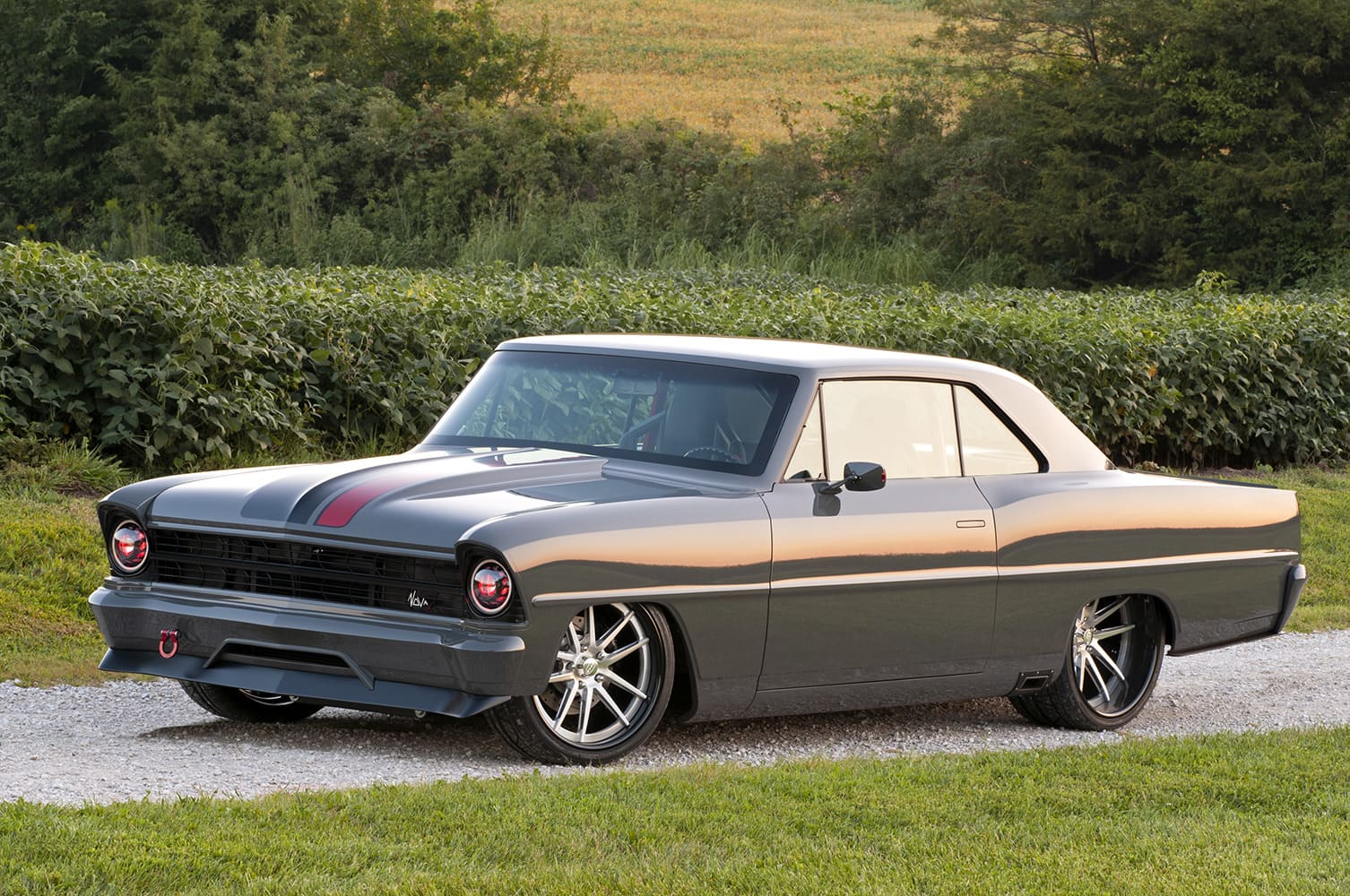 002 1967 Chevrolet Nova front view with LED headlights sleek grille and aggressive splitter for a bold look