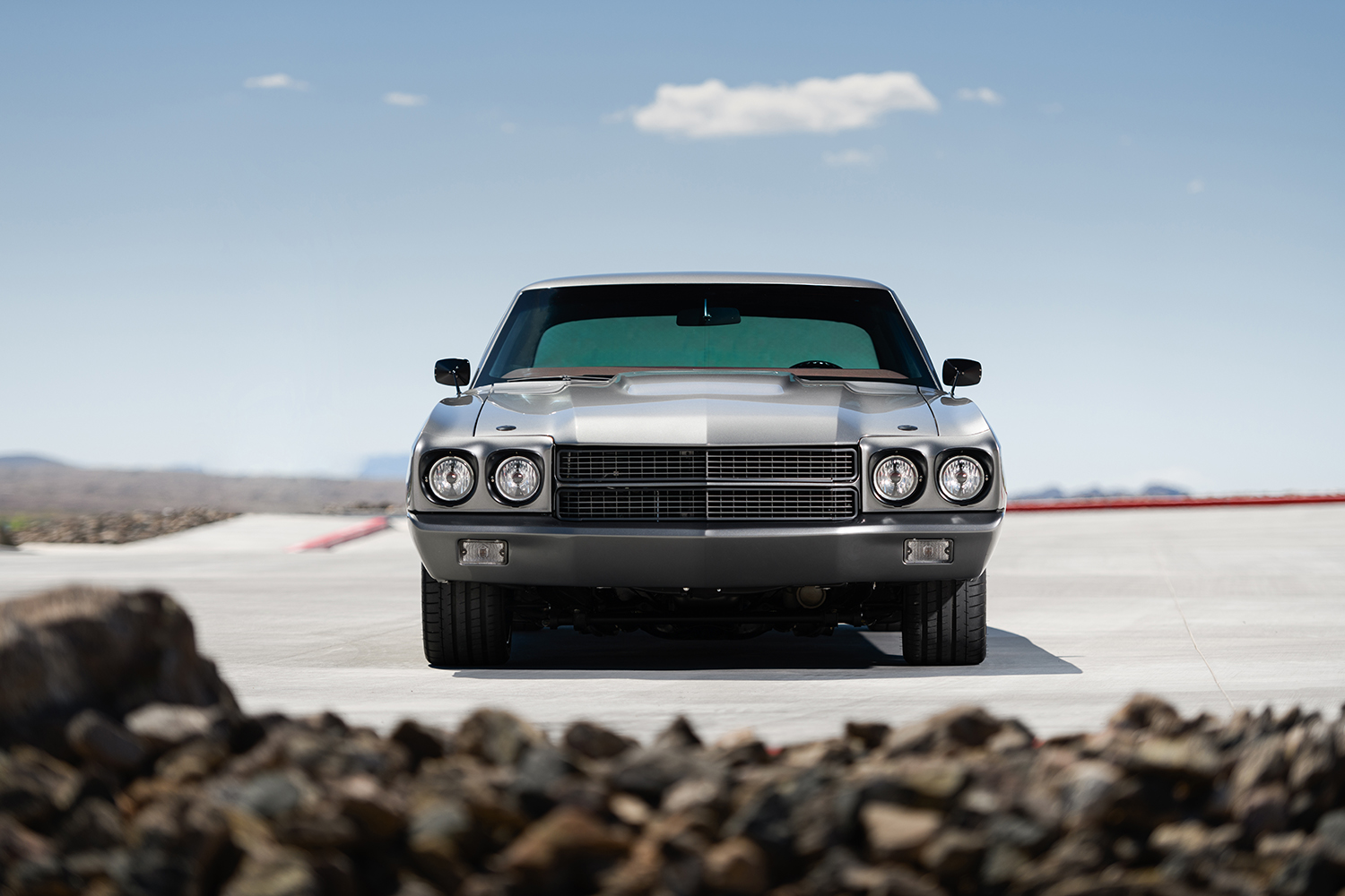 004 1970 Chevy Chevelle front view emphasizing quad headlights and aggressive grille