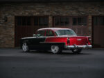 006 1955 Chevrolet Bel Air iconic tailfins two tone black and red and classic Chevy rear emblem design