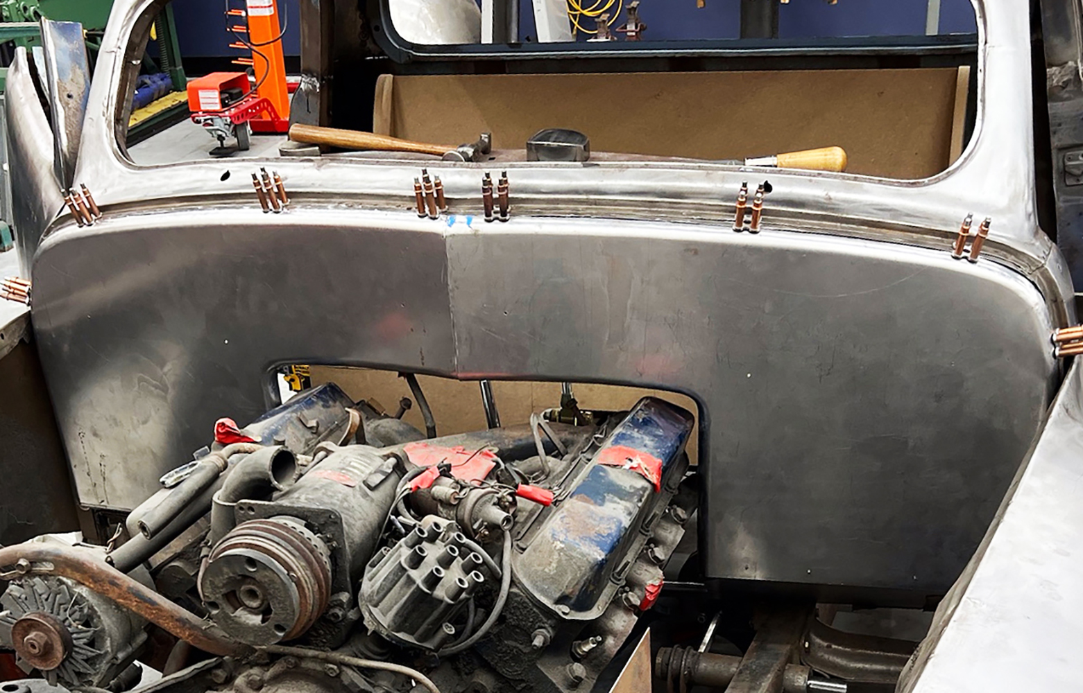 03 Custom firewall installation steel sheet cleco pins vintage car engine bay fabrication project