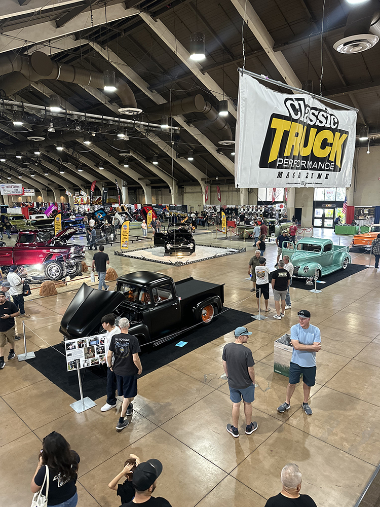 04 Overhead view of Grand National Truck Show featuring various custom trucks and Classic Truck Performance Magazine signage