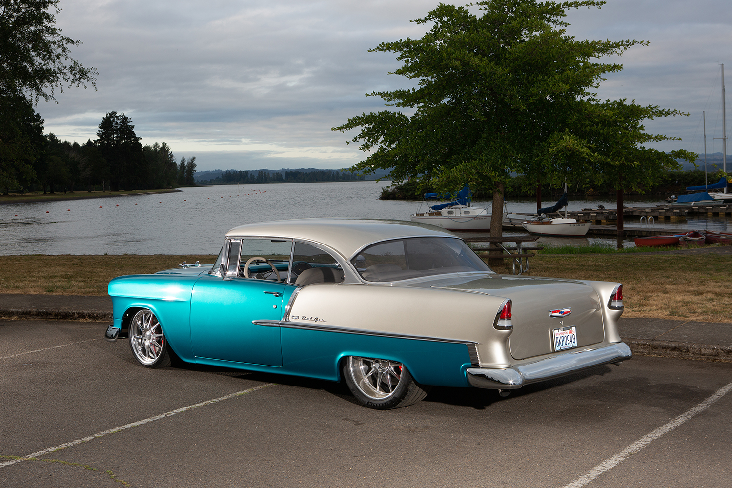 06 Rolling shot 1955 Chevy Bel Air vibrant teal chrome grille