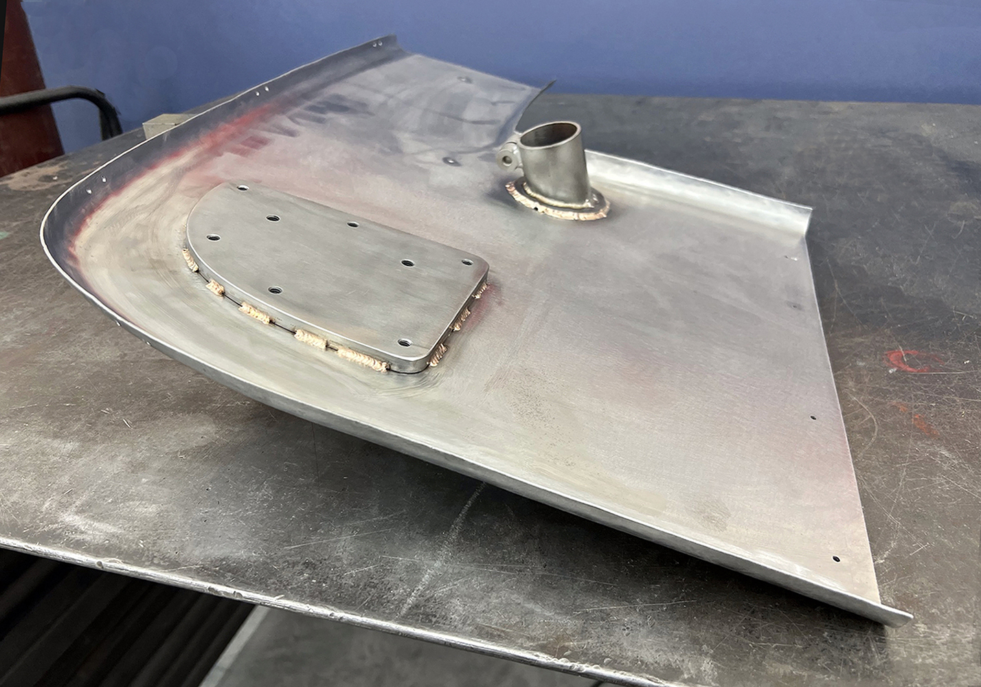 07 Fabricated steel firewall plate TIG welded flanges grommet passthrough precision vintage car project