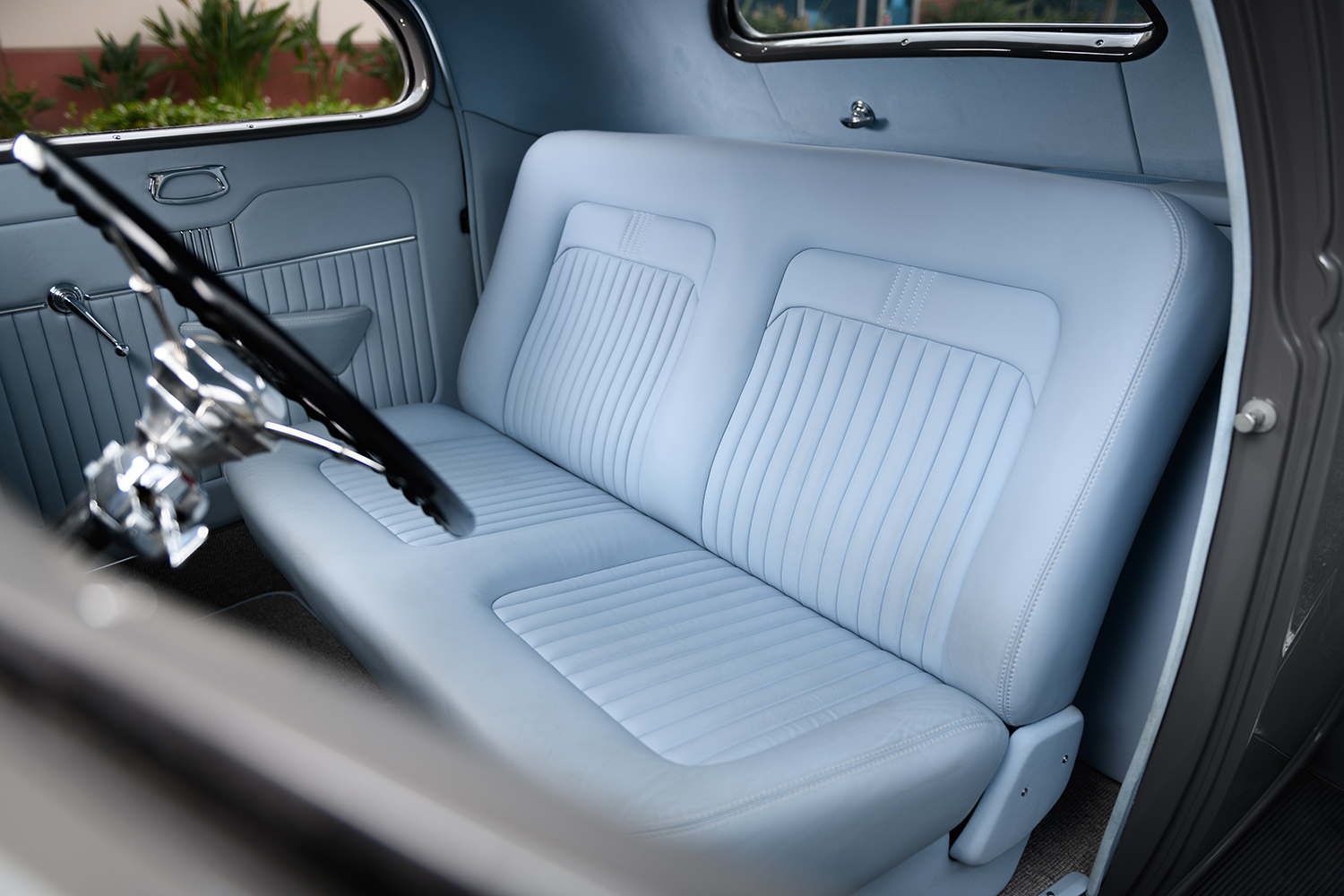 08 1936 Ford Coupe interior light blue upholstery bench seat classic door panels clean craftsmanship