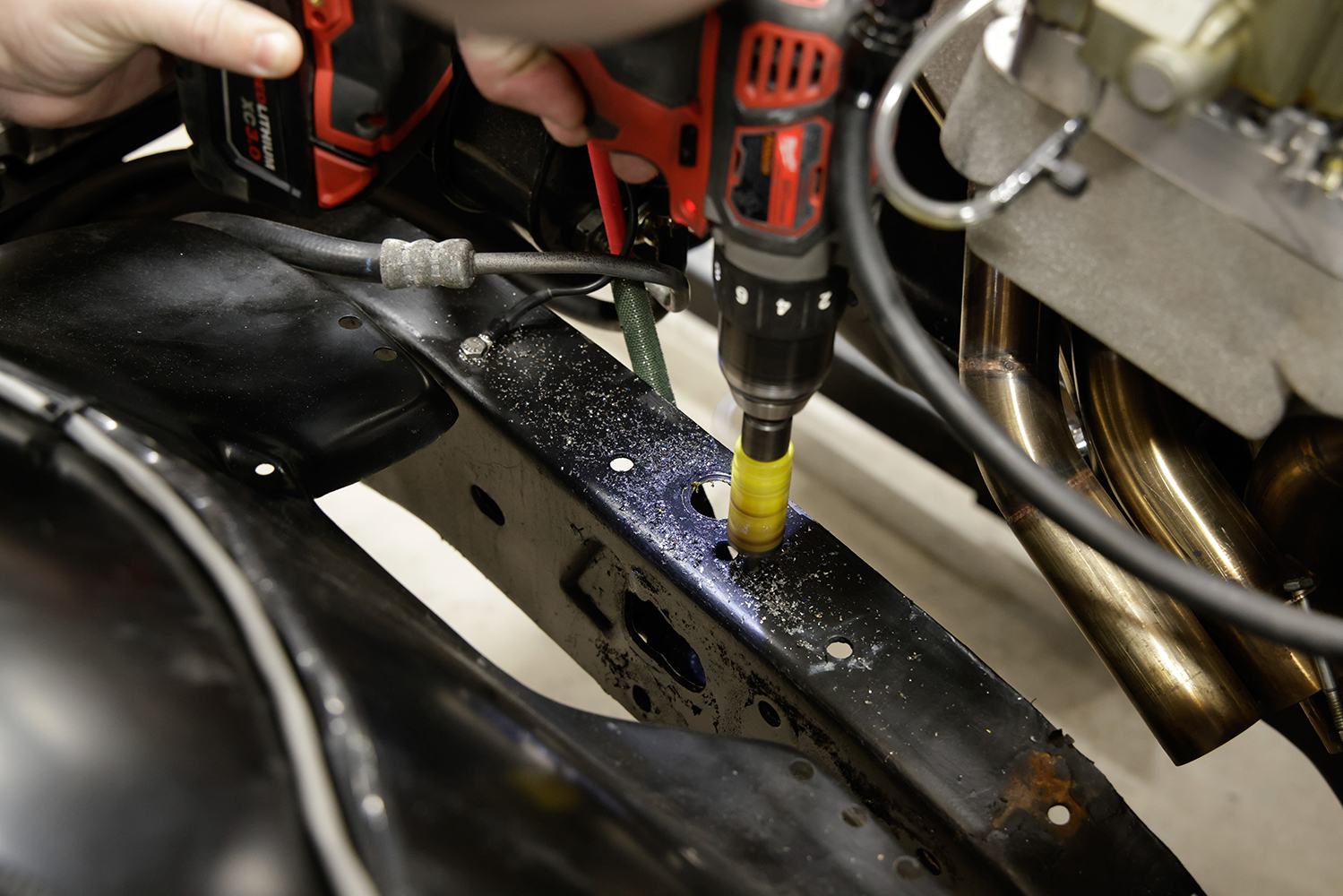 08 Drilling frame rail for precise mounting of IFS crossmember on the Chevy C10 chassis