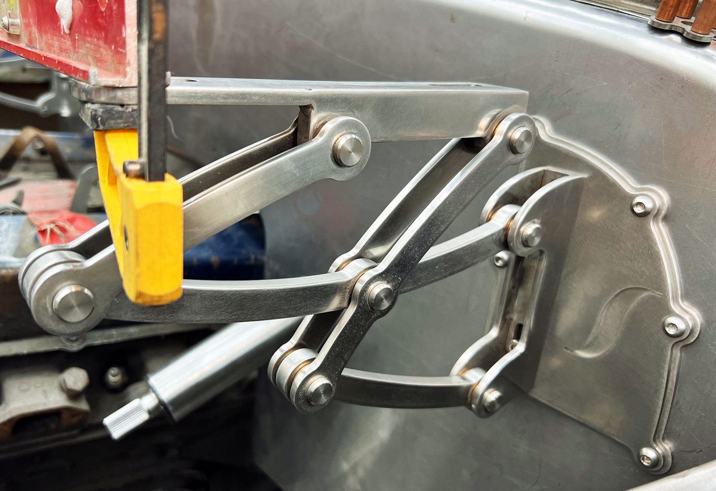 08 Hinge mechanism installed firewall custom linkage brushed stainless fabrication vintage car build