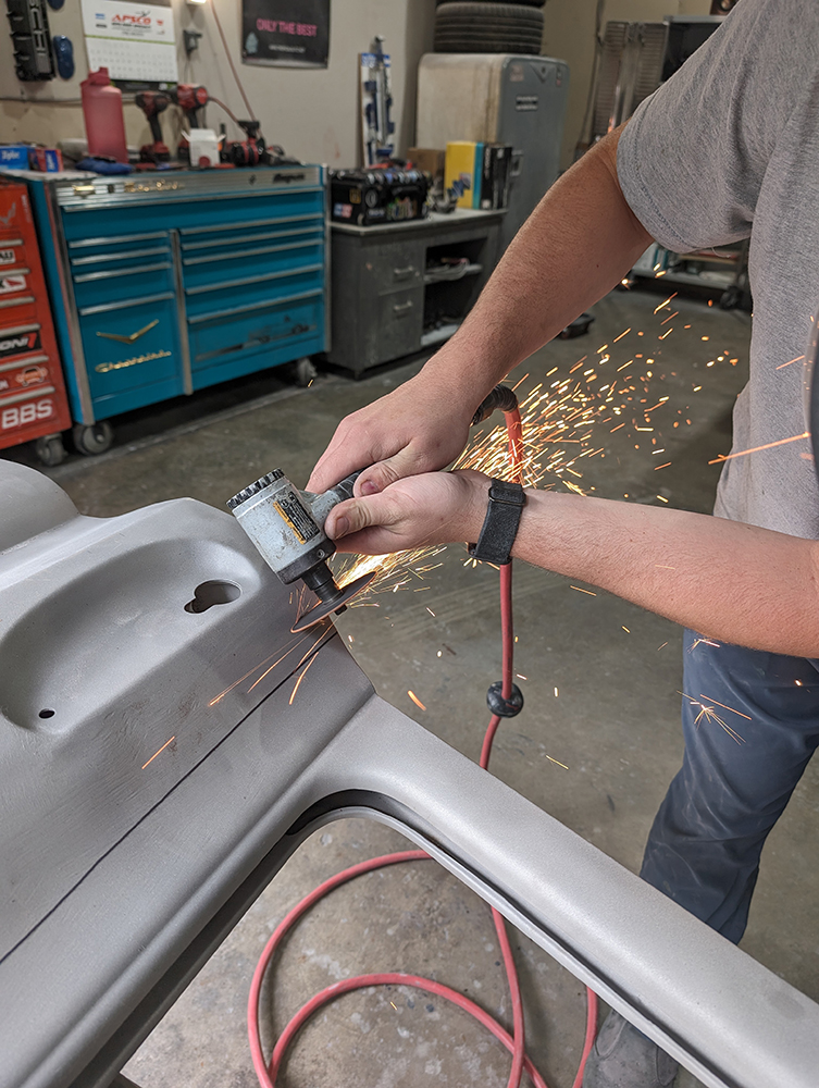 09 Grinding sparks 1966 Chevy truck door edge restoration process