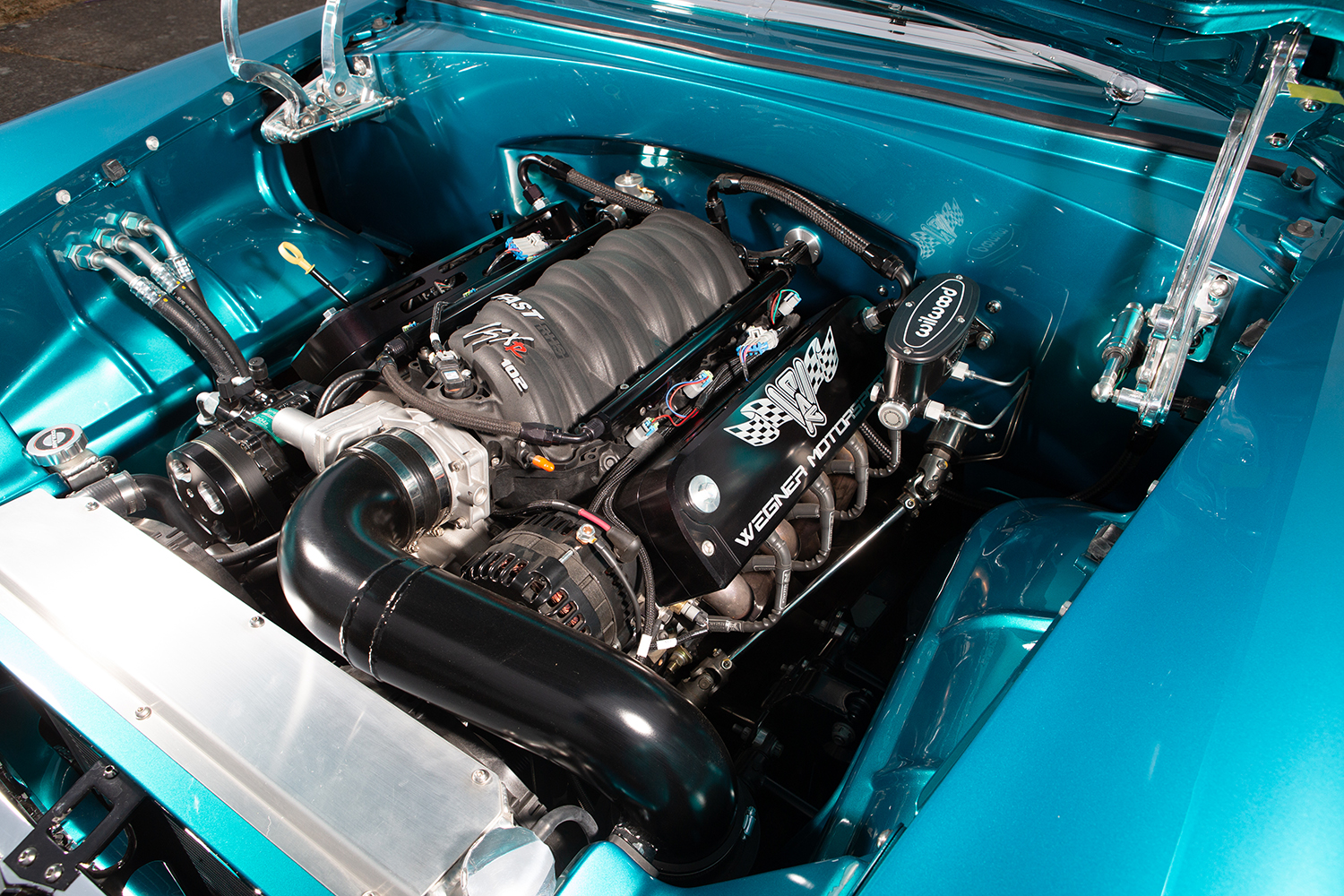11 1955 Chevy Bel Air Wegner Motorsports engine bay LS3 swap