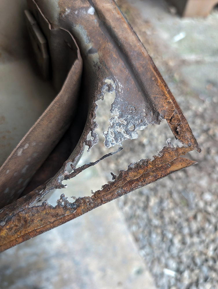 13 Close up of rust damage on 1966 Chevy truck door inner frame edge