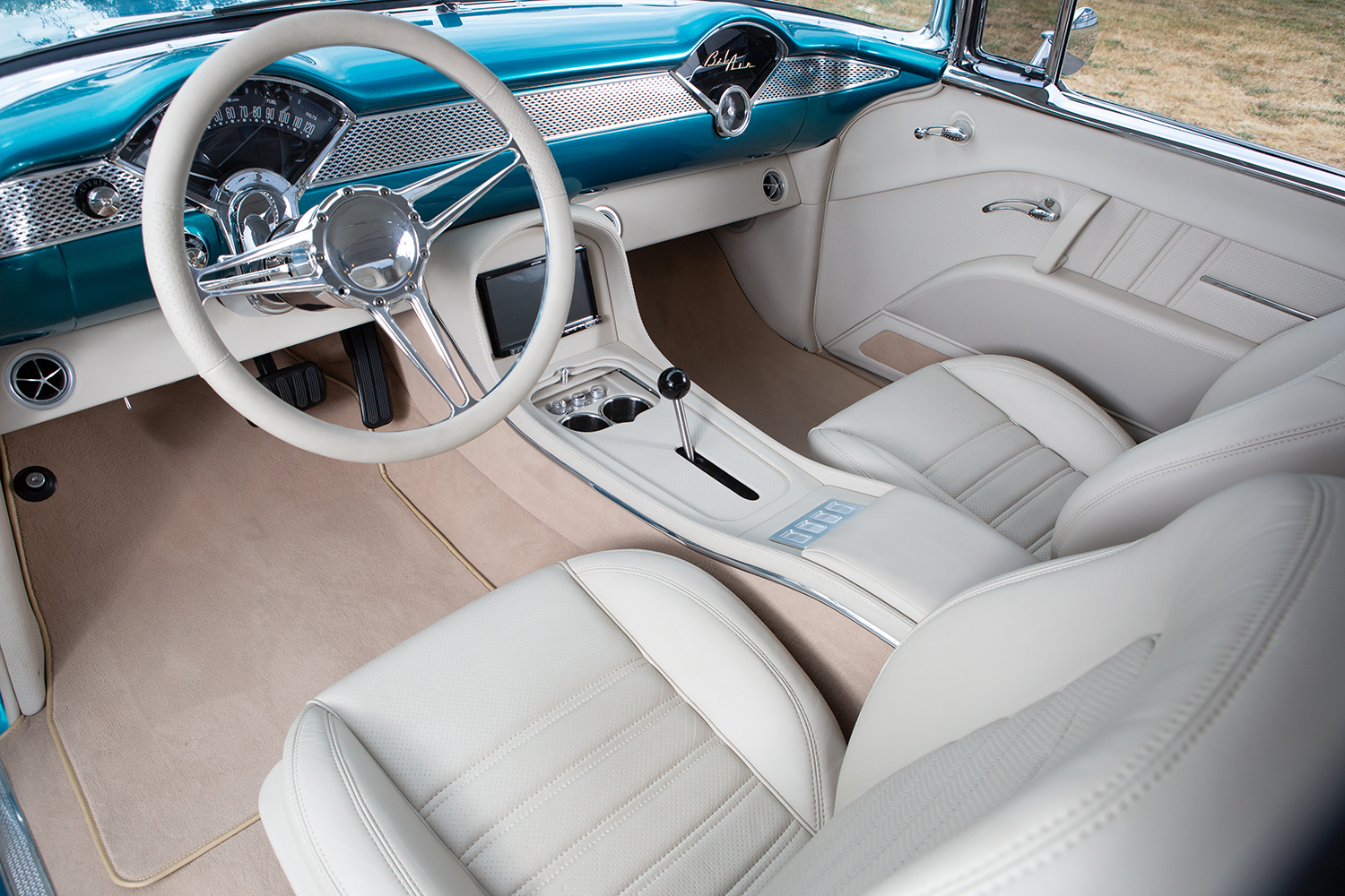 15 1955 Chevy Bel Air modernized dash teal and chrome accents