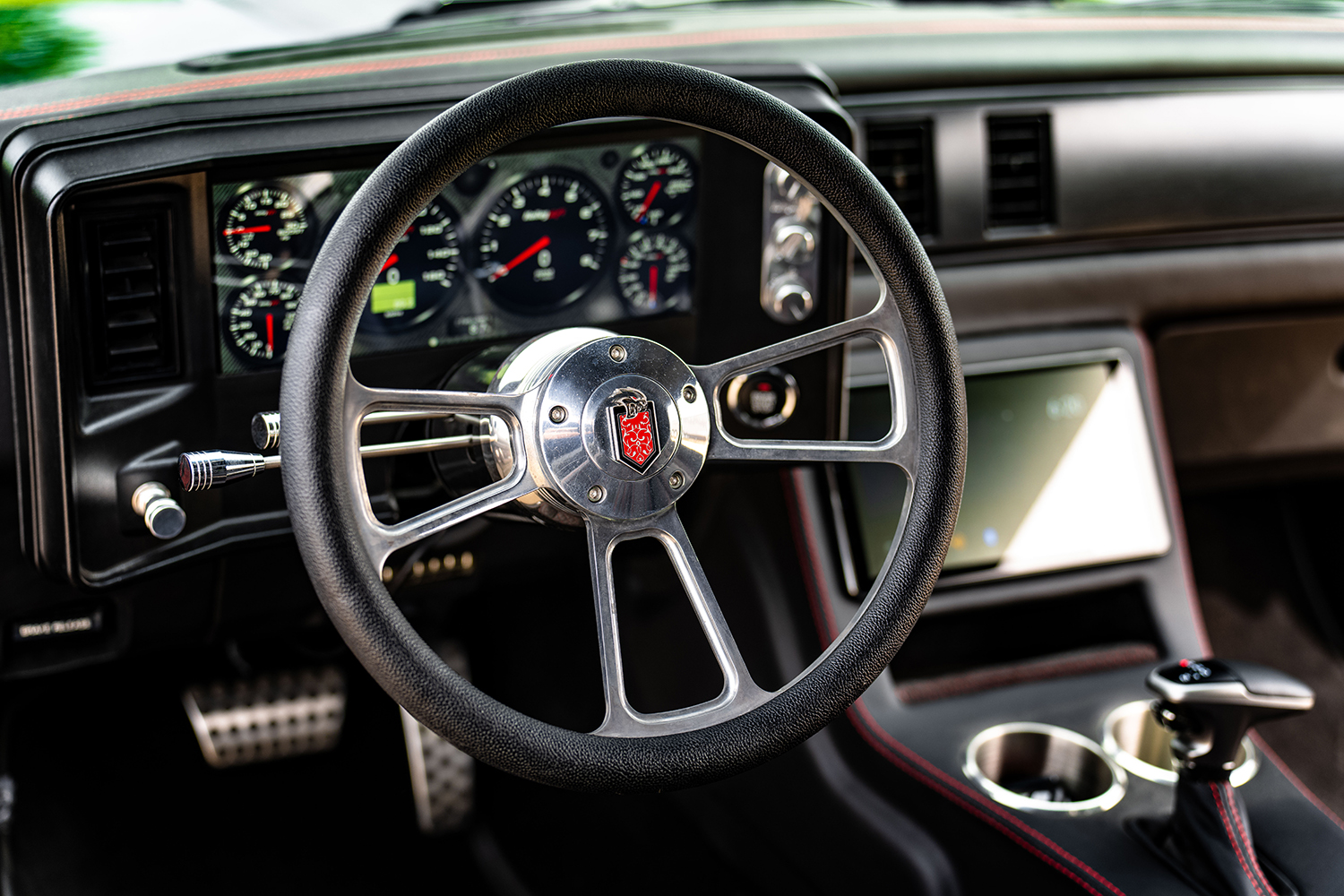 15 1985 Chevy Monte Carlo black quilted interior red stitching digital dashboard custom upholstery