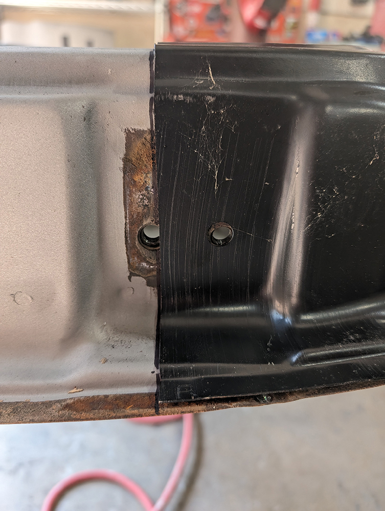 16 Close up of replacement black panel installed on 1966 Chevy truck door shell
